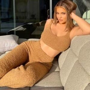 Morrisday The Label Kimmy Pants Brown Textured Lounge Pant Size Large NWT